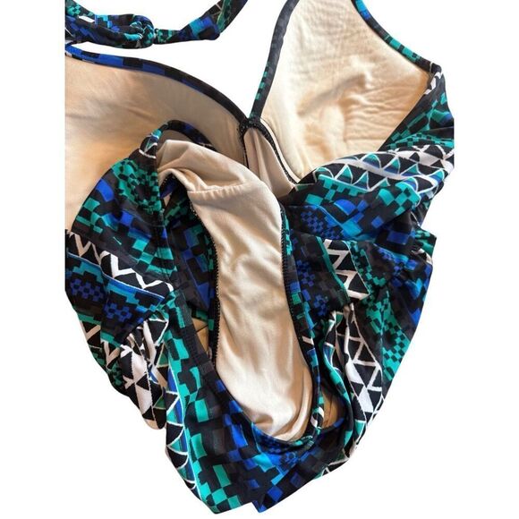 Merona Geometric Print Green Blue Black Halter One Piece Padded Swimsuit Large - Picture 8 of 15